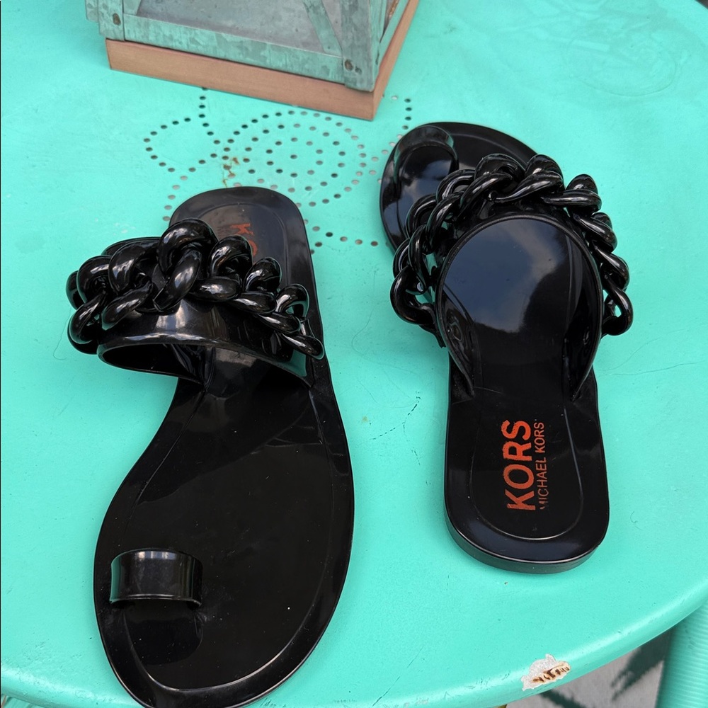 Michael Kors Glossy Black Chain Sandals - Picture 6 of 8